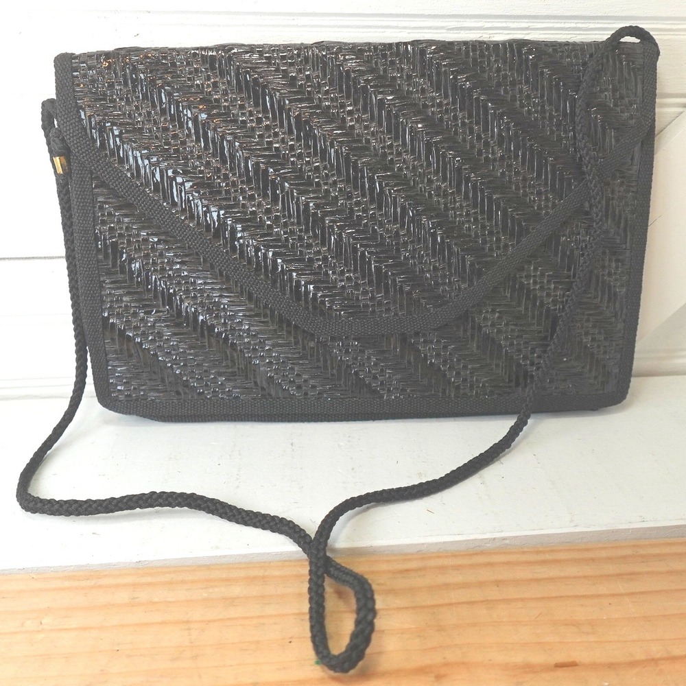 Vintage Garfinckel's Raffia Woven Purse Made in Italy Large Black Shoulder Bag